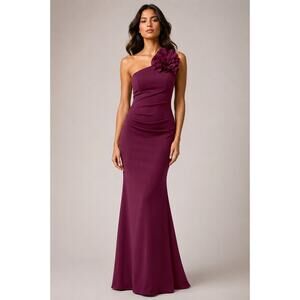 NEW BETSY & ADAM Scuba Long Formal Dress 6 One Shoulder Flower Purple Prom Maxi